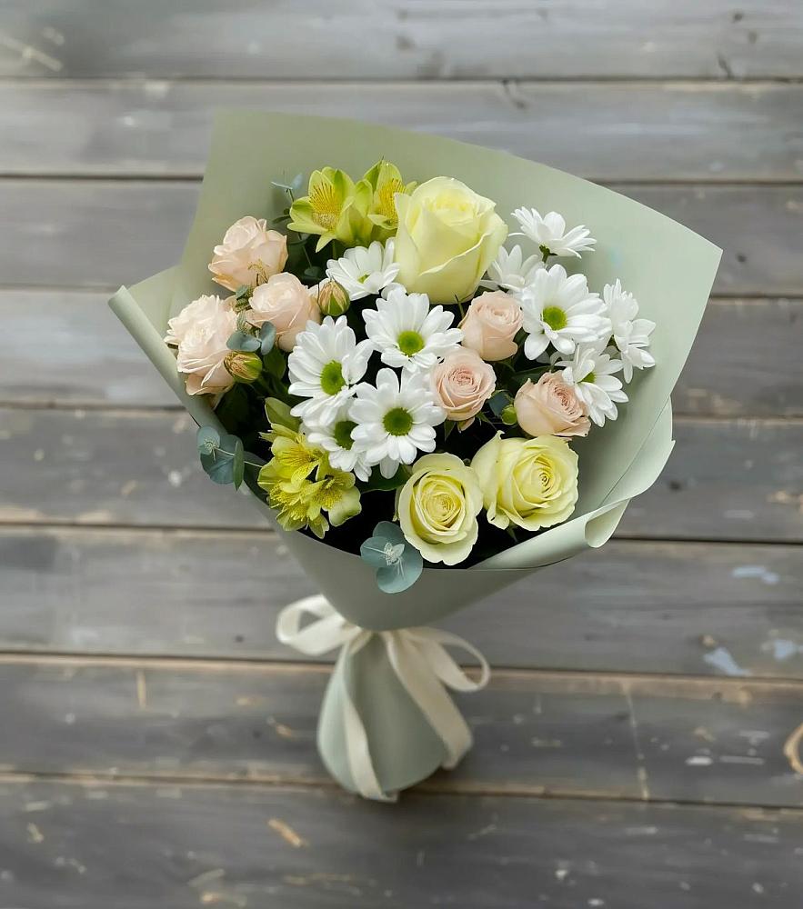 Букет цветов из: Альстромерии, Розы и Хризантемы в Савельевской