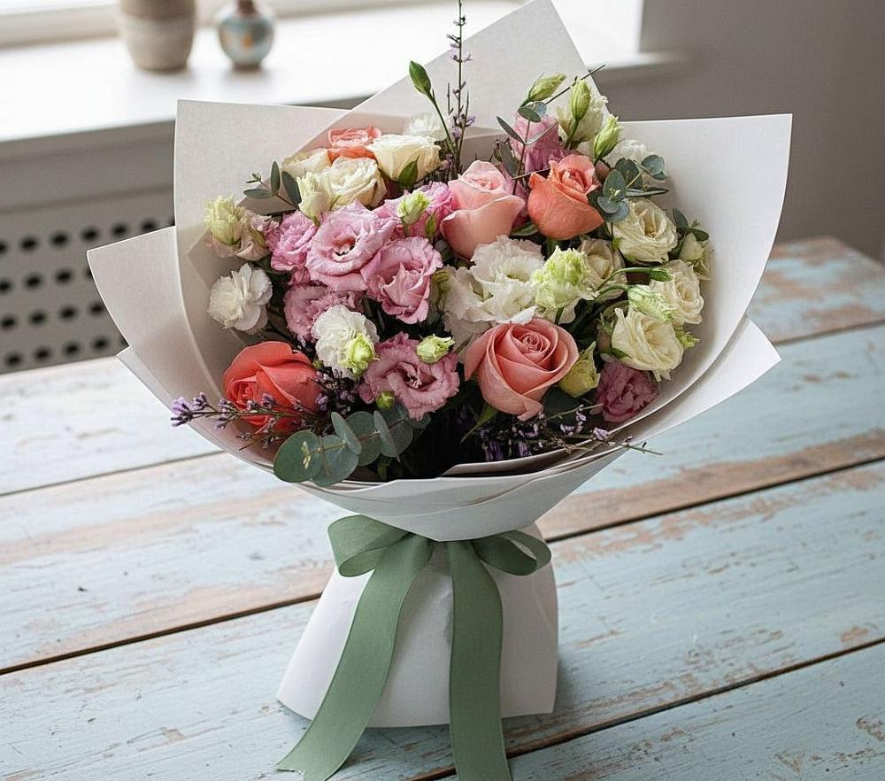 Букет цветов из: Розы, Лизиантусы и Гвоздики в Савельевской