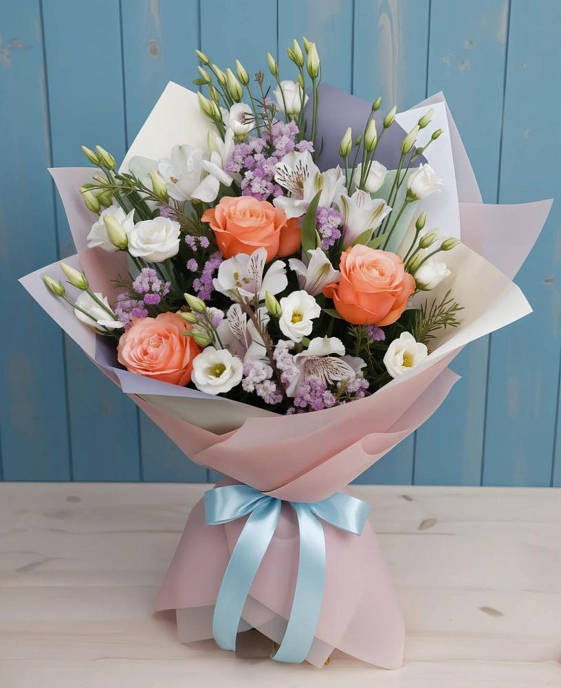 Букет цветов из: Лизиантусы, Розы, Альстромерии и Гипсофила в Савельевской