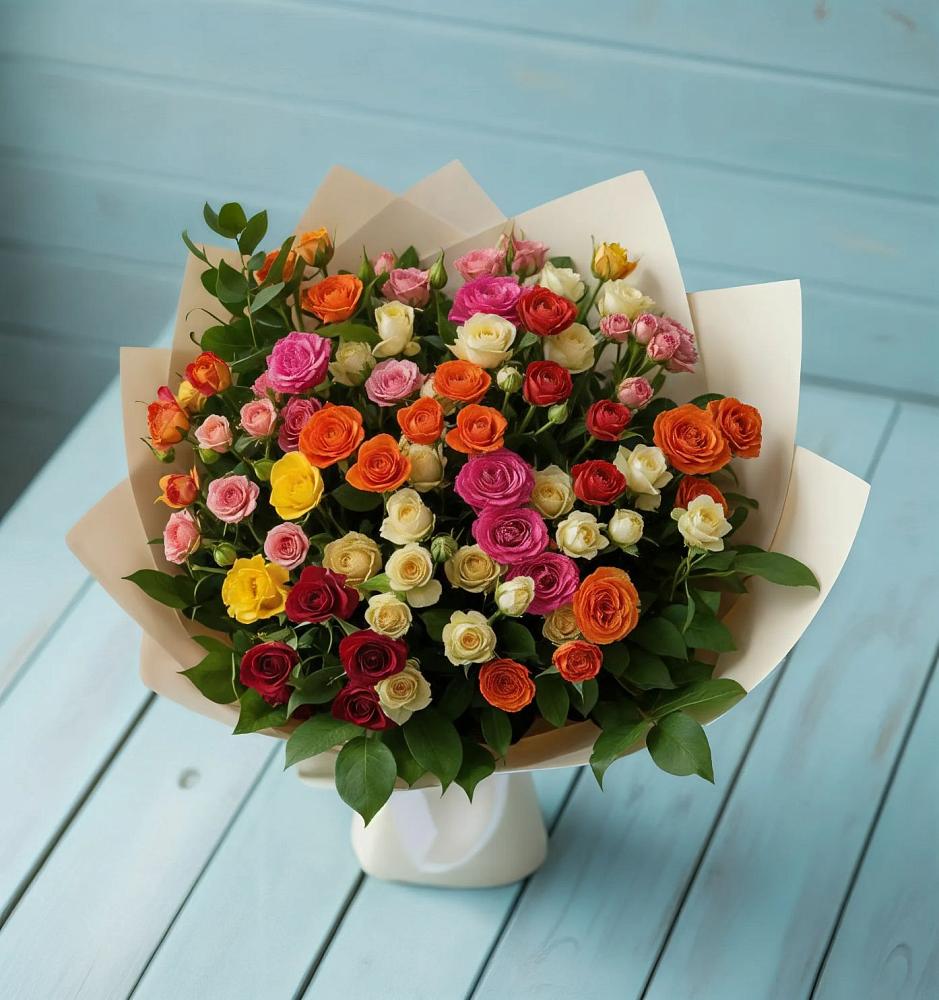 Букет Микс из разноцветных кустовых роз в Савельевской