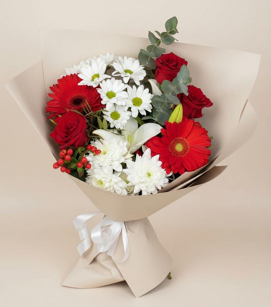 Букет цветов из: Розы, Хризантемы, Герберы и Лилии в Савельевской