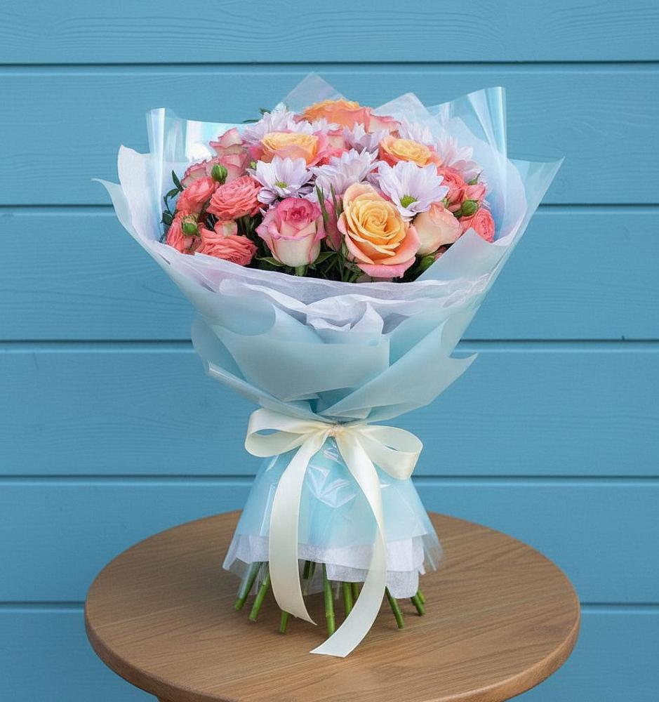 Букет цветов из: Хризантемы и Розы в Савельевской