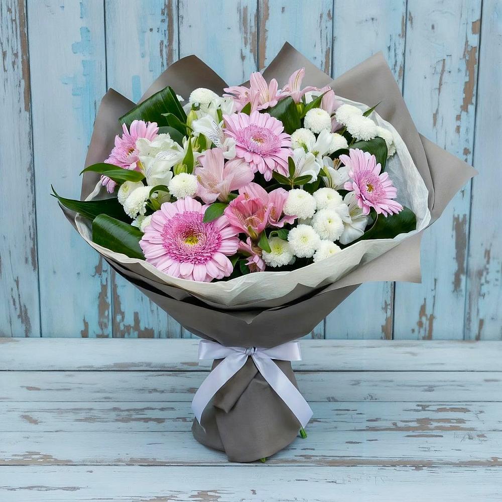 Букет цветов из: Герберы, Альстромерии и Хризантемы в Савельевской