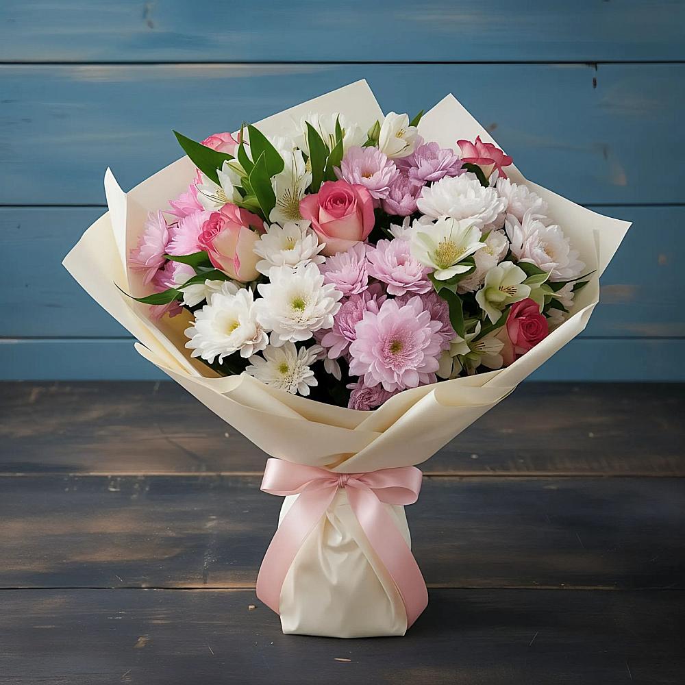 Букет цветов из: Хризантемы, Альстромерии и Розы в Савельевской